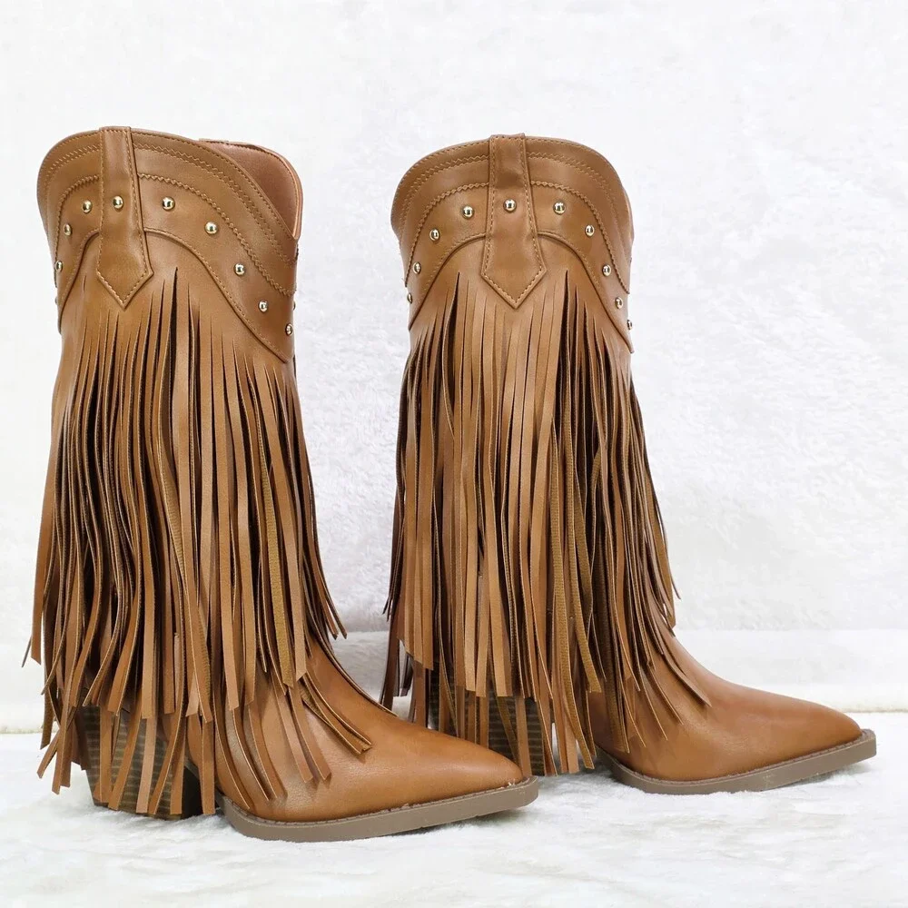 NIB Boundary Tan Faux Leather Layered Fringe Country Western Cowgirl Boots - Picture 5 of 8